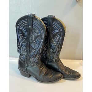 VTG Tony Lama Mens Black Leather Western Cowboy Boots Blue Stitching sz 8.5